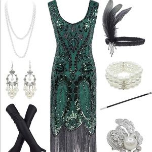 1920s Vintage Peacock Sequin Fringed Party Flapper Dress w 20s Accessories Set
